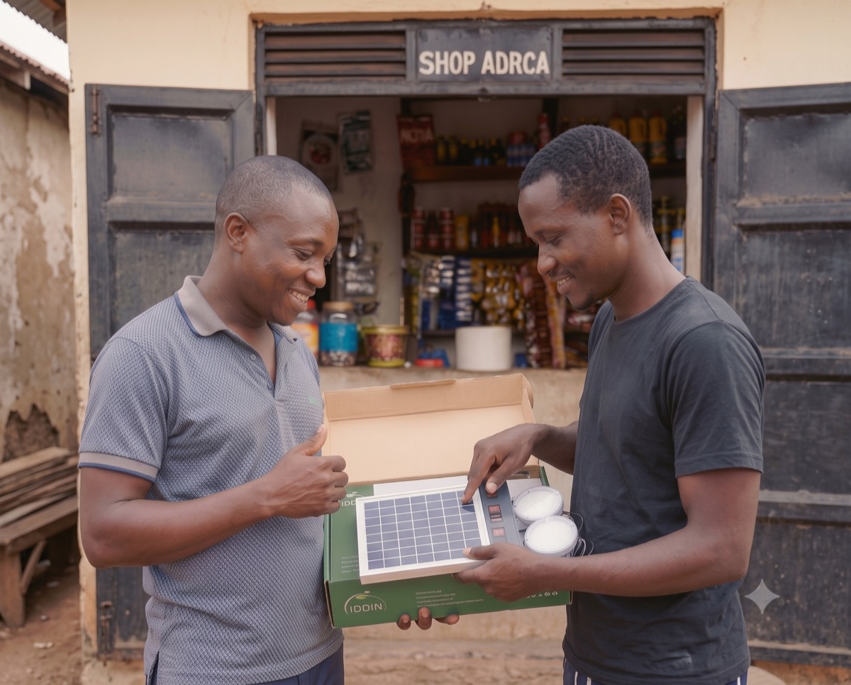 A field agent showing a customer a solar home system kit outside a village shop
